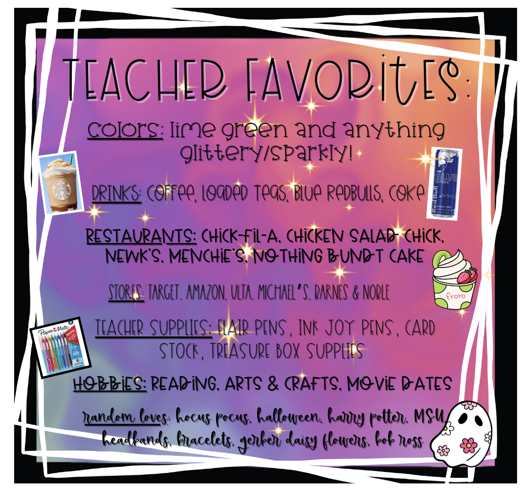 My Favorites: Colors: Lime Green and anything glittery/sparkly!; Drinks: Coffee, Loaded Teas, Blue Red Bulls, Coke; Restauran